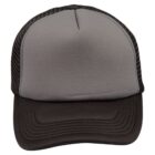 A gray and black trucker hat with a mesh back, viewed from the front.