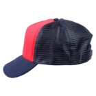 Navy blue and red trucker hat with mesh back and solid front panel, side view.
