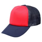 Red and navy blue trucker cap with mesh back and solid front panel.