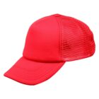 Bright red mesh-back trucker hat with a curved bill, shown against a white background.