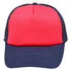 Red and navy blue trucker hat with a mesh back, viewed from the front.