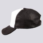 Black and white mesh trucker cap on a plain light grey background.