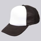 Black and white trucker hat with a mesh back on a light gray background.