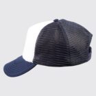 Navy blue and white trucker hat with a mesh back, viewed from the side.