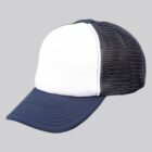A blue and white trucker hat with a mesh back on a plain grey background.