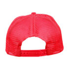 Back view of a red mesh trucker hat with an adjustable snapback strap.
