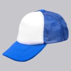 Blue and white trucker hat with mesh back, displayed on a gray background.