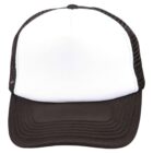 A black and white trucker hat with a blank front panel and mesh back.