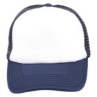 Front view of a white and navy blue trucker hat with a mesh back.