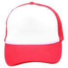 Red and white trucker hat with a blank front panel and red brim.