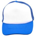 Blue and white trucker hat with a curved bill, viewed from the front on a white background.
