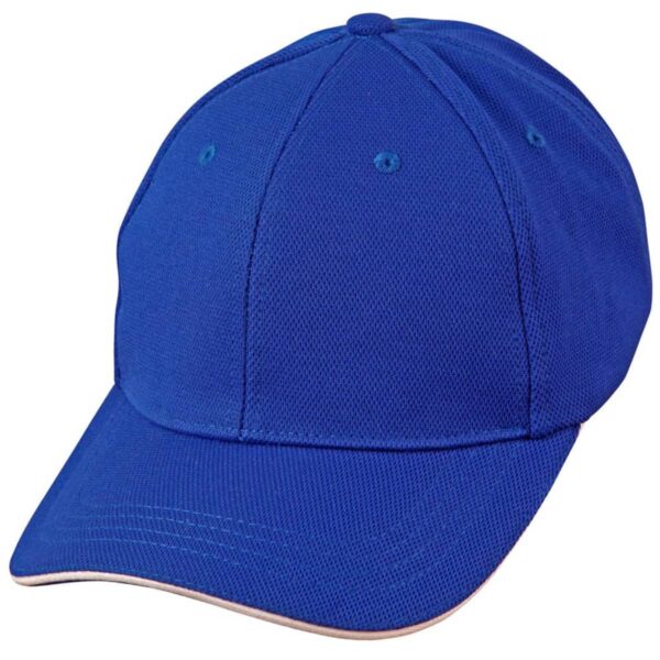 A plain blue baseball cap with a curved brim.
