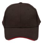 Black baseball cap with a curved brim and a hint of red on the underside of the visor.
