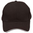 Black baseball cap with white trim on the brim, viewed from the front.