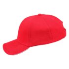 Plain red baseball cap viewed from the side on a white background.