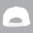 White baseball cap viewed from the back, showing an adjustable strap against a gray background.