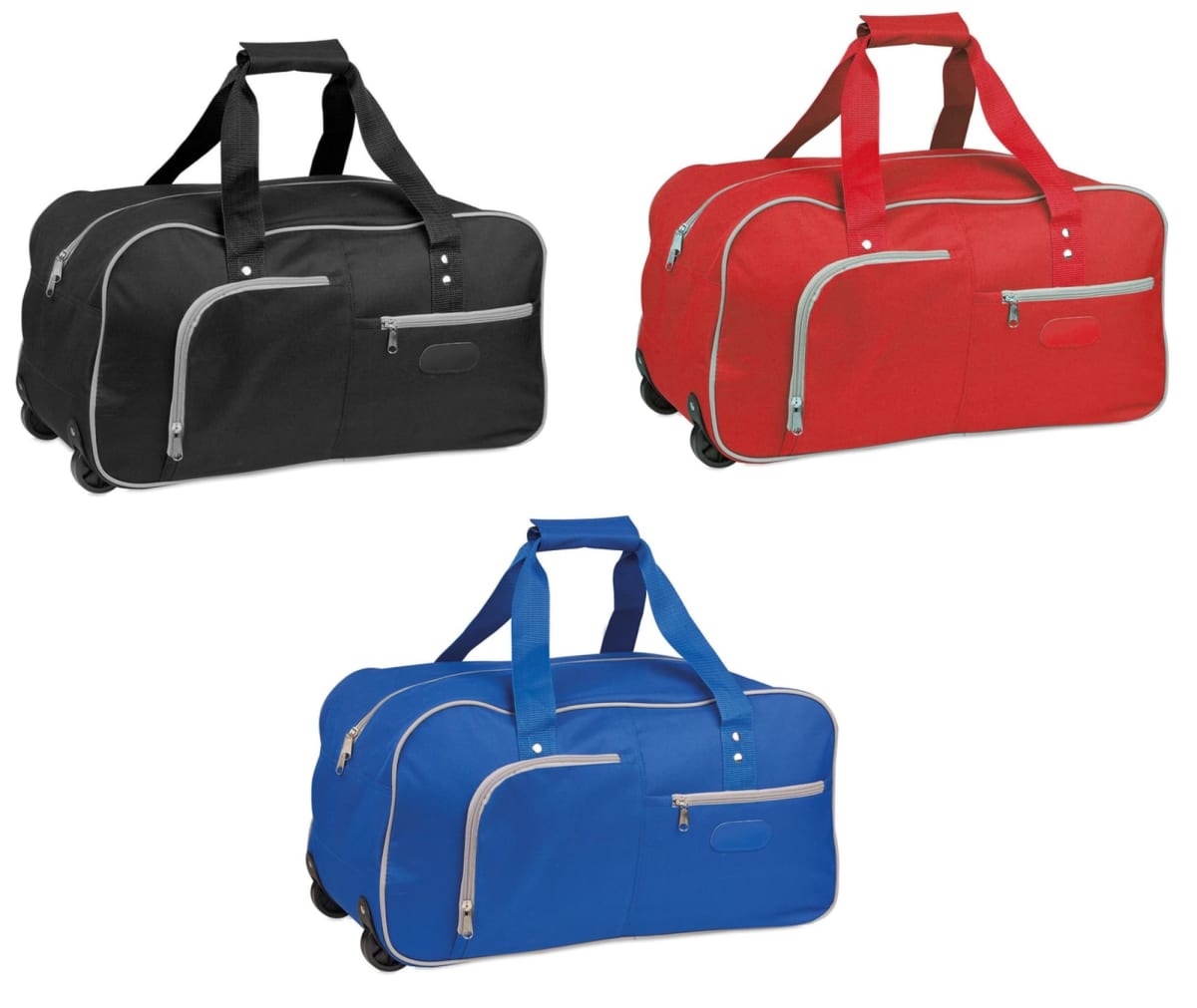 Three wheeled duffel bags in black, red, and blue, each with front and side zippered pockets.