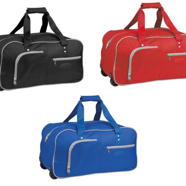 Three duffel bags with wheels in black, red, and blue, each with zipper pockets and handles.