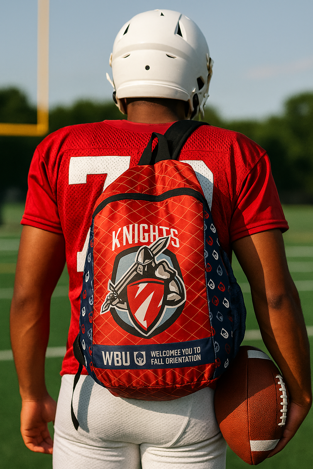 Football player in red jersey stands on field with Knights backpack—simple branded gift ideas.