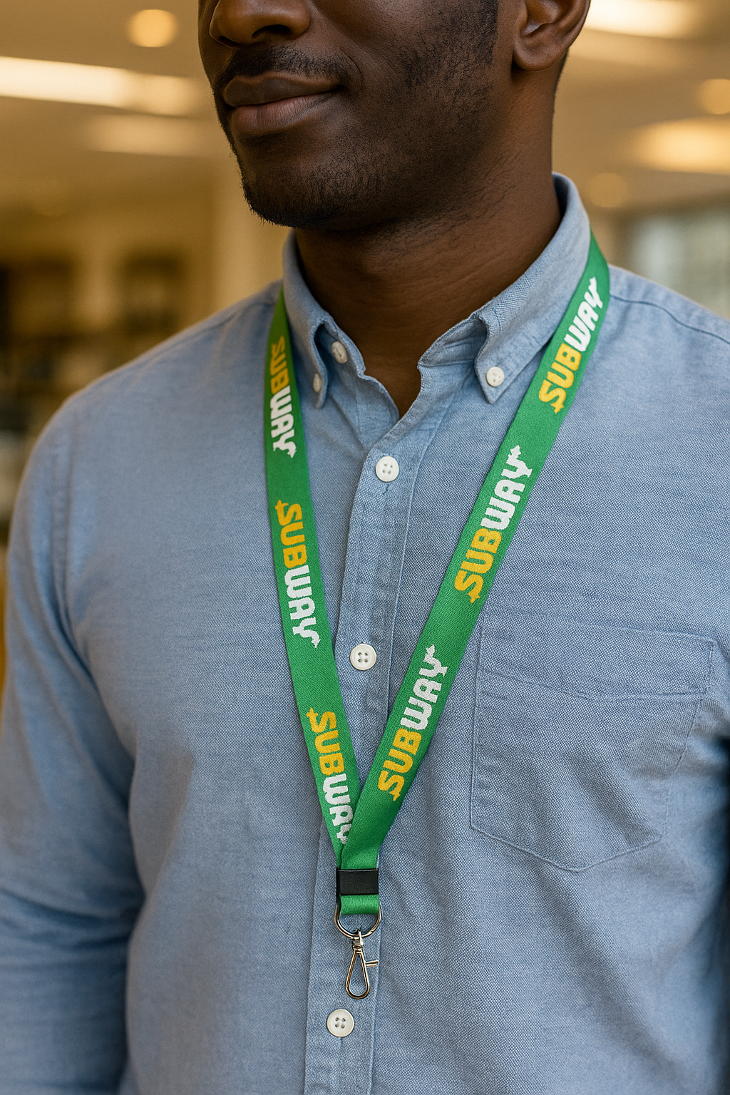 Man wearing a blue shirt and green lanyard—simple branded gift ideas like SUBWAY merch stand out.