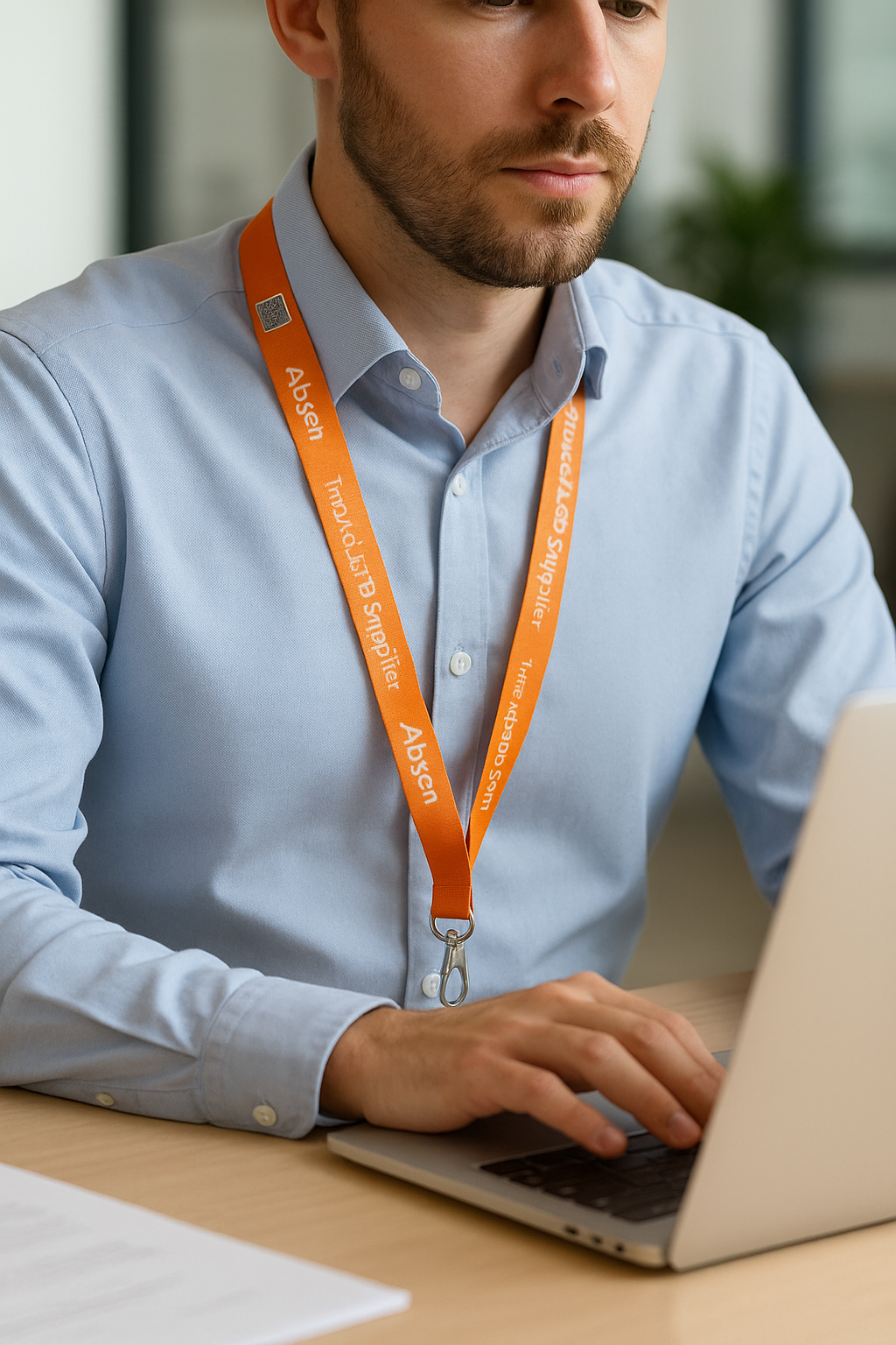 Man in a blue shirt typing on a laptop, wearing custom lanyards labeled Absen.