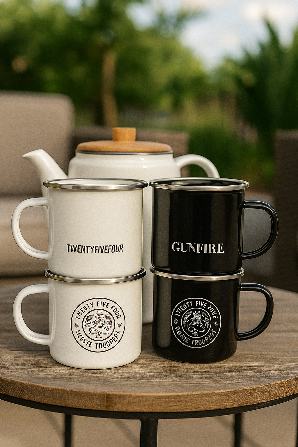 Four mugs, two white and two black, make simple branded gift ideas for outdoor gatherings.