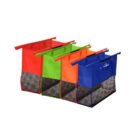 Three reusable shopping bags in red, green, and blue with mesh bottoms, side by side.