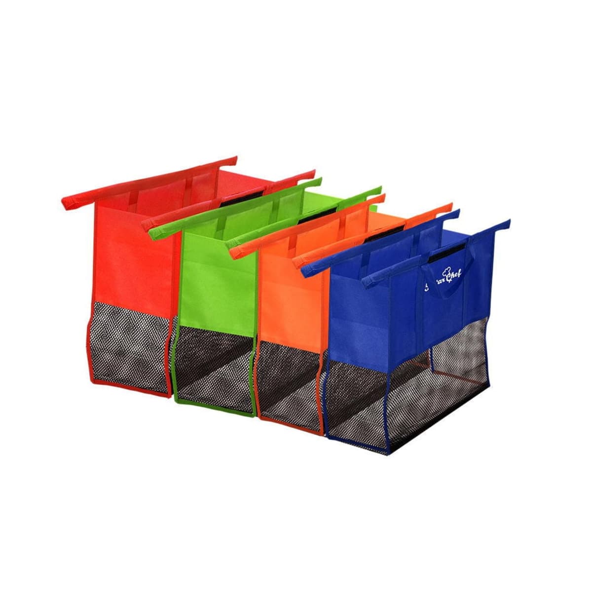 Three reusable shopping bags in red, green, and blue with mesh bottoms, side by side.