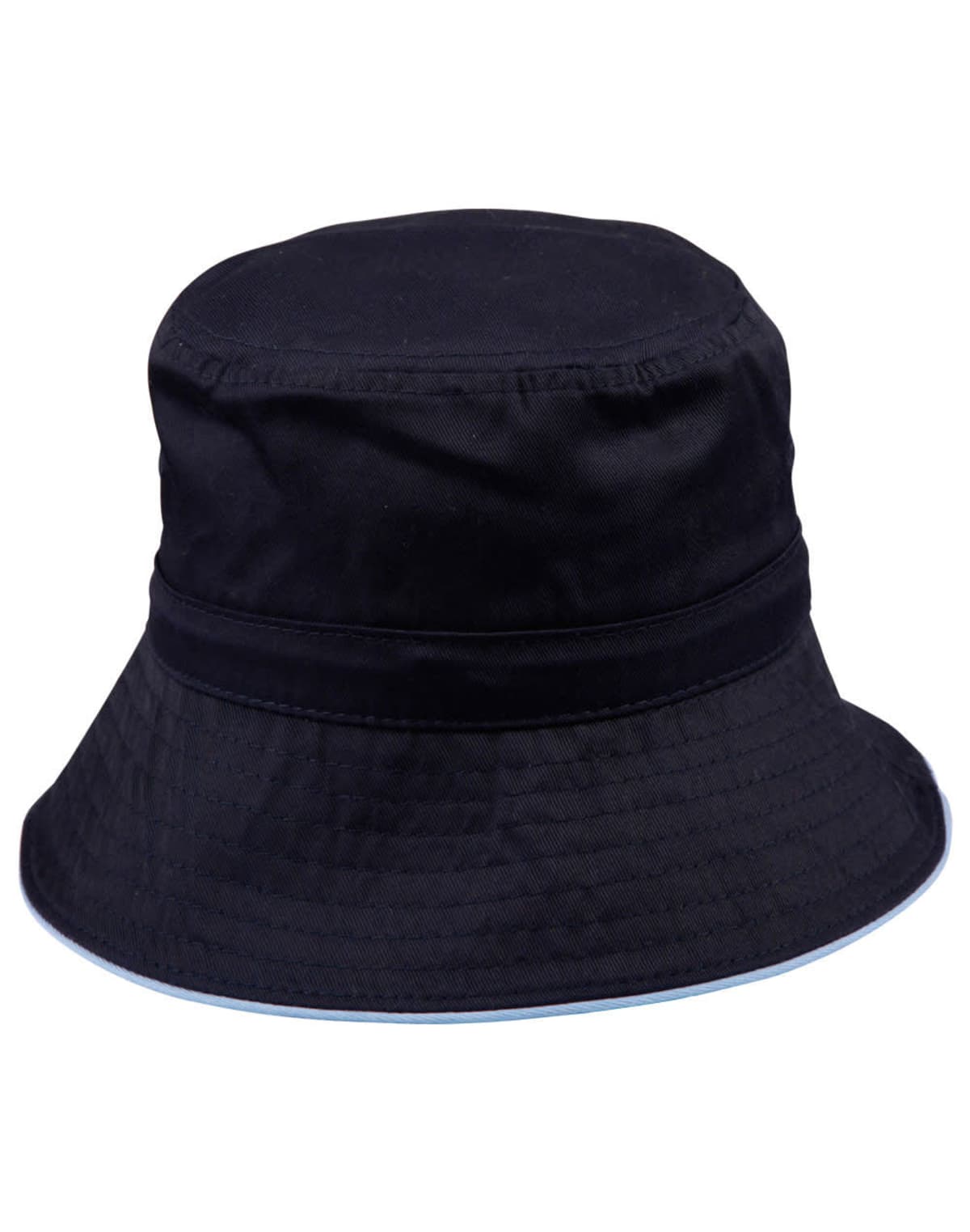 A plain black bucket hat with a wide brim against a white background.