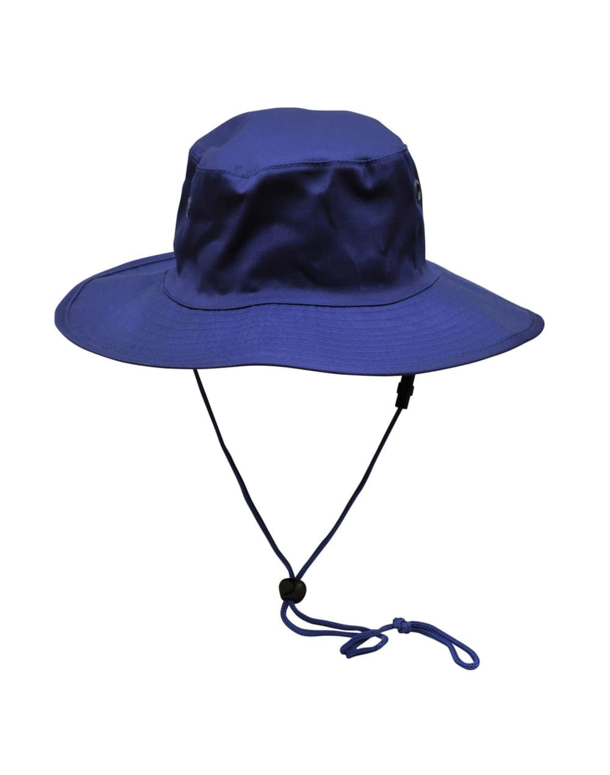 Blue wide-brim hat with chin strap, shown on a white background.