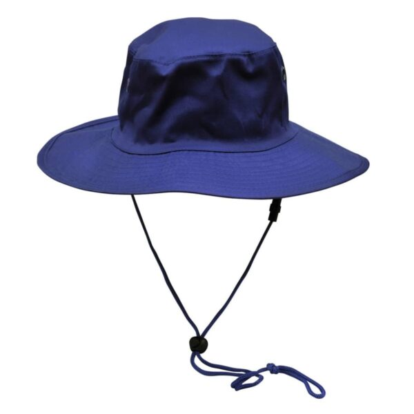 Wide-brimmed blue hat with an adjustable chin strap, isolated on a white background.