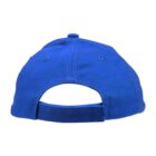 Blue baseball cap shown from the back with an adjustable strap and an open section.