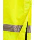 Close-up of a yellow high-visibility jacket with a silver reflective stripe and a zipper.