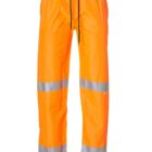 Bright orange high-visibility pants with reflective silver stripes and a black drawstring.