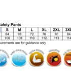 Sizing chart for hi-vis safety pants with icons showing features and UPF 50+ sun protection.