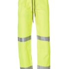 Yellow high-visibility pants with reflective stripes and a black drawstring waist.