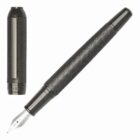 Black textured fountain pen with silver nib and matching cap, shown separately.