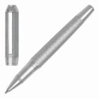 Silver textured pen with matching cap, both featuring sleek, modern design details.