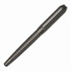A textured black fountain pen with a shiny silver clip and decorative metal accents.