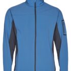 Blue and black zip-up jacket with a high collar and zippered pockets.