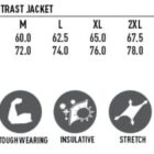 Jacket size chart with icons showing fabric features: water resistance, insulation, stretch.