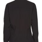Back view of a black long-sleeve jacket with a high collar.