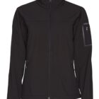 Black zip-up jacket with high collar and zippered pockets, displayed on a white background.