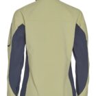 Back view of a light green jacket with dark gray side and arm panels.