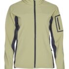 Light olive and dark gray zip-up jacket with a high collar and zippered arm pocket.
