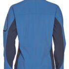 Blue and dark gray jacket shown from the back with long sleeves and a high collar.
