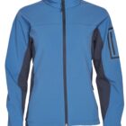 Blue and black zip-up jacket with high collar and zippered pocket on the left sleeve.