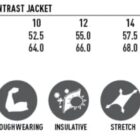 Size chart and features for a ladies softshell contrast jacket, with fabric icons and diagram.