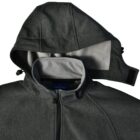 Gray hooded jacket with zipper, shown with the hood up and partially detached.