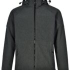 Dark gray hooded jacket with front zipper and two side pockets, displayed on a white background.